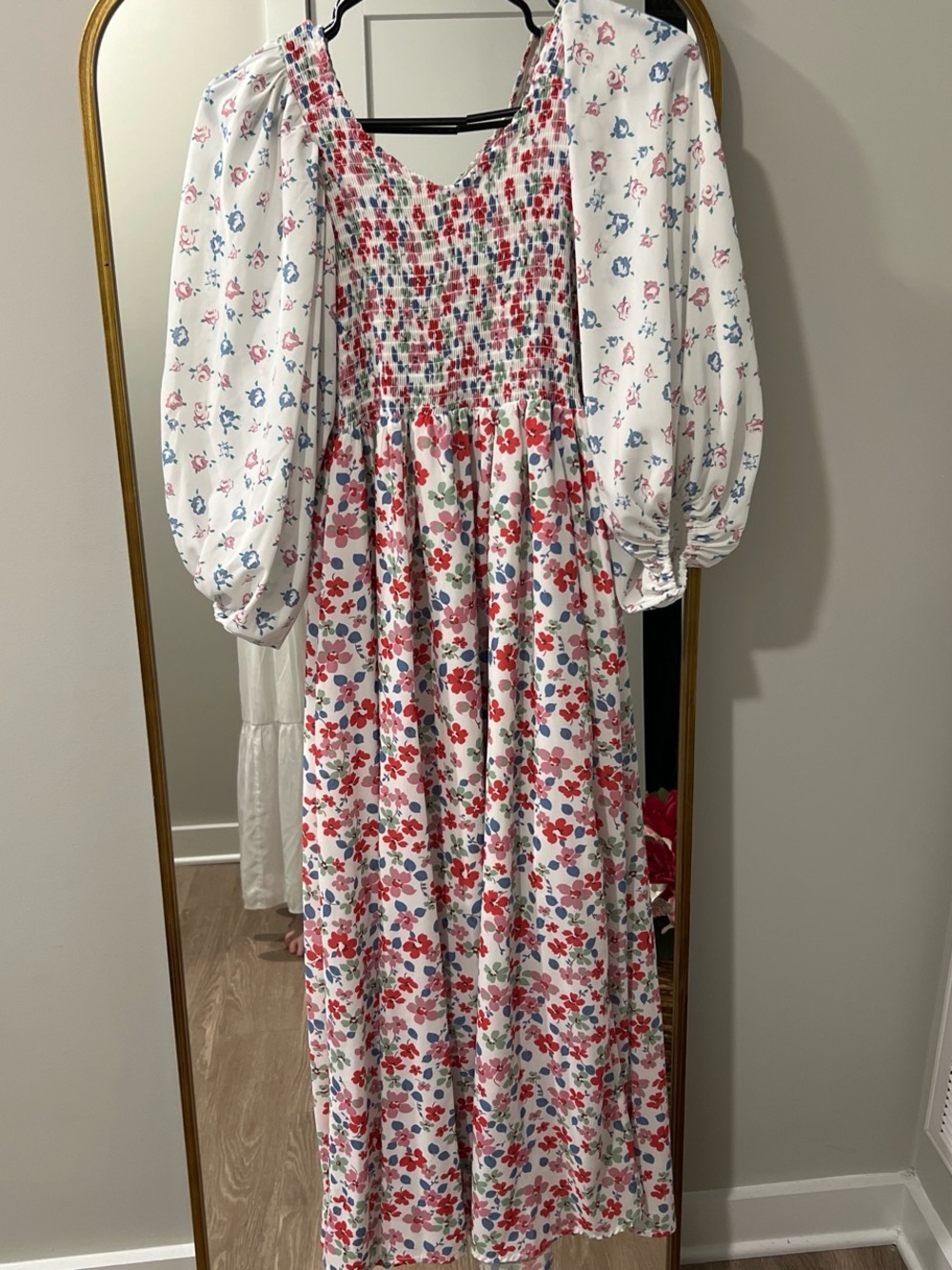 White Floral Smocked Maxi Dress with Puff Sleeves
